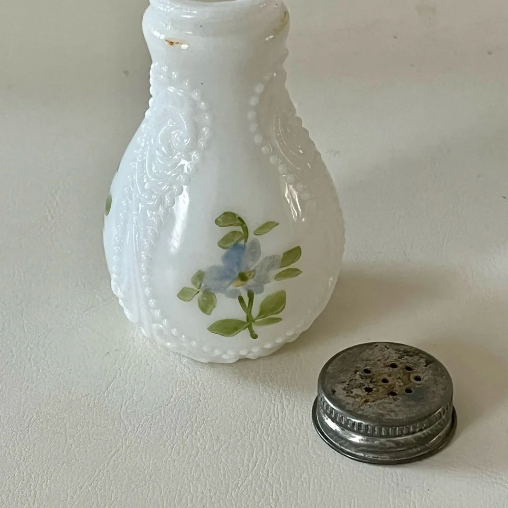 Vintage Milk Glass Salt Shaker with Floral Design and Metal Lid